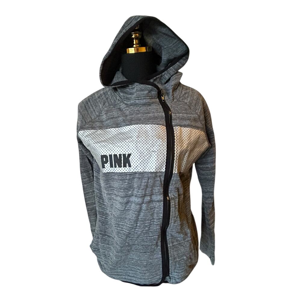 Victoria’s Secret PINK Gray Reflective Hoodie Jacket Asymmetrical Full Zip-Small
